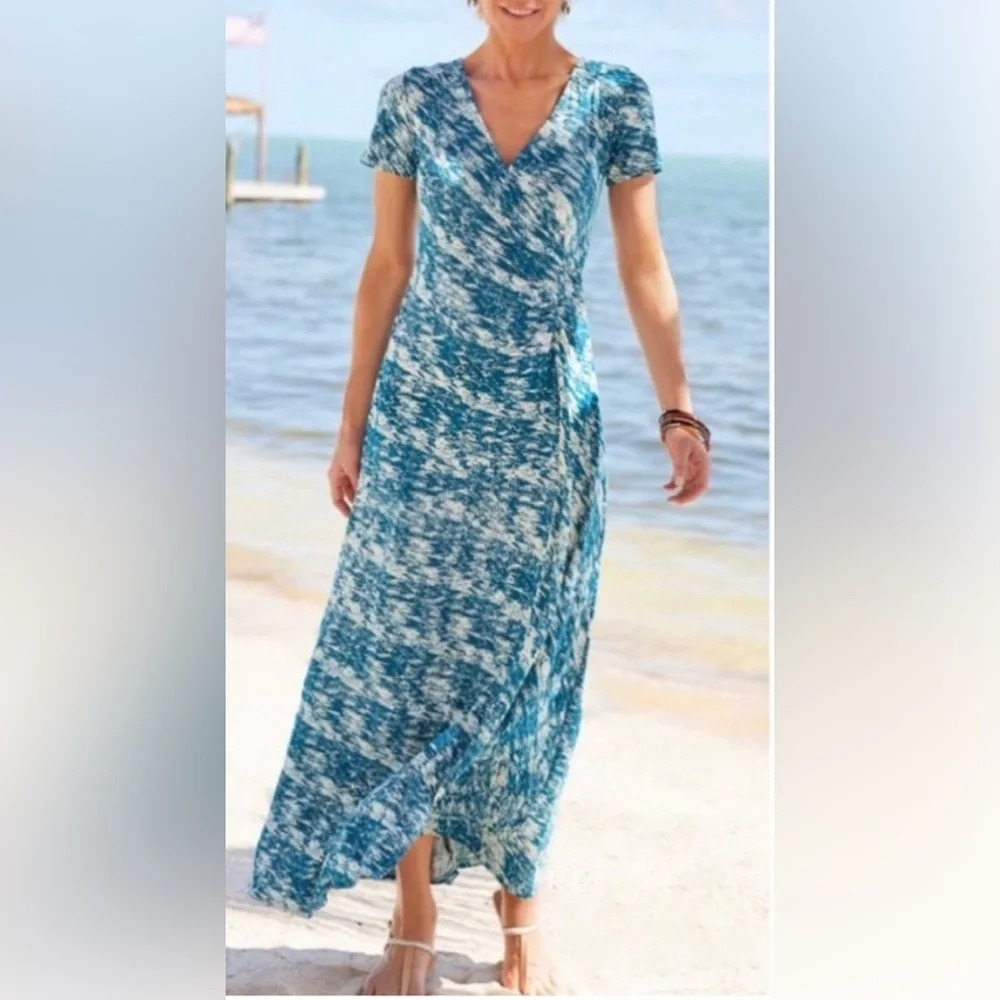 Soft Surroundings "Joanna" Wrap Maxi Dress,Teal-Blue Coastal XS Petite